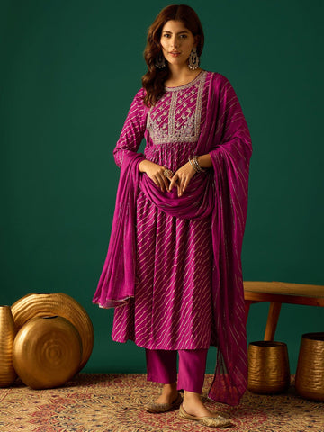 Bandhani-Printed Anarkali With Zari-Embroidered Yoke, Paired With Solid Trousers And Dupatta